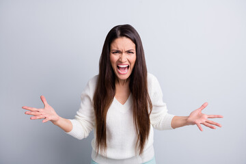 Photo of mature angry unhappy frustrated annoyed woman family conflict screaming isolated on grey color background