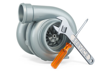 Service and repair of car turbocharger, 3D rendering