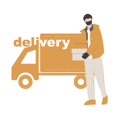 Online delivery service concept, online order tracking, delivery home and office. Courier in respiratory mask and gloves.