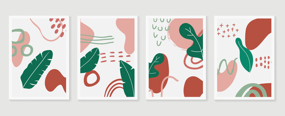 Botanical wall art vector set. Earth tone boho foliage line art drawing with  abstract shape.  Abstract Plant Art design for wall framed prints, canvas prints, poster, home decor, cover, wallpaper.
