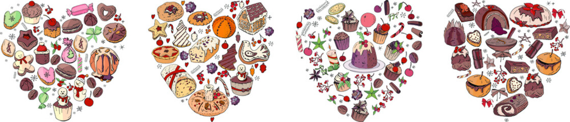Hearts made of different christmas winter desserts, sweets and food. Design template for restaurant and cafe menu.