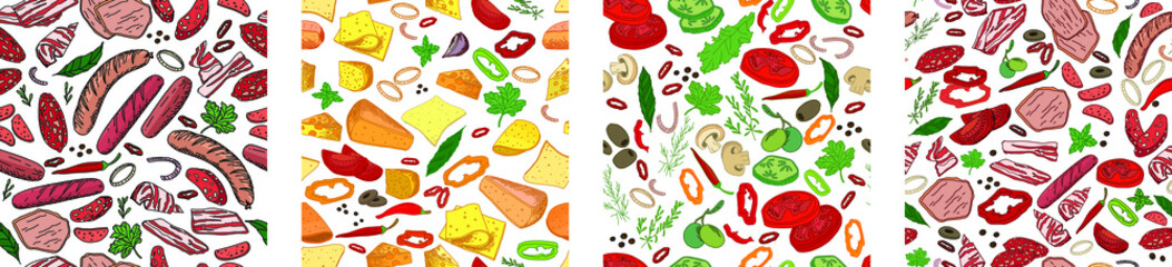 Seamless patterns with different food, vegetables and herbs. Endless textures for your design, announcements, fabrics, cards, posters, restaurant and cafe menu.