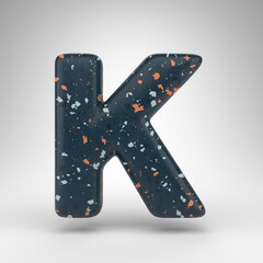 Letter K uppercase on white background. 3D letter with blue terrazzo pattern texture.
