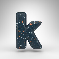 Letter K lowercase on white background. 3D letter with blue terrazzo pattern texture.