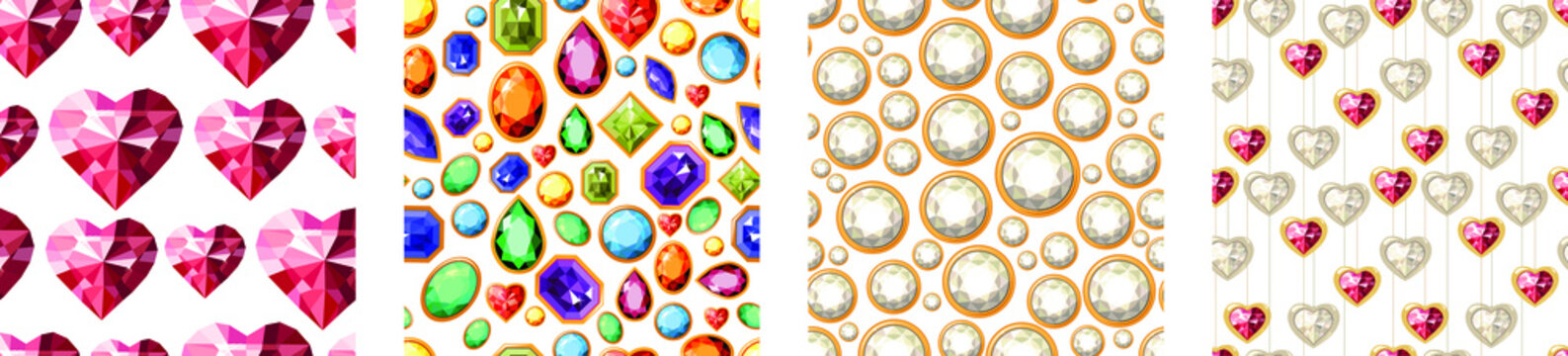 Collection of seamless patterns with diamonds and rubies. White,red and dark color. Endless texture for your design, announcements, greeting cards, posters, advertisement.