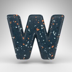 Letter W uppercase on white background. 3D letter with blue terrazzo pattern texture.