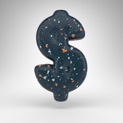 Dollar symbol on white background. 3D sign with blue terrazzo pattern texture.