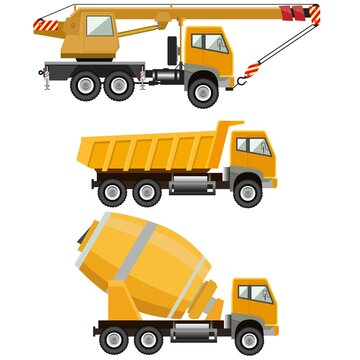 Construction machinery set. Mobile crane. Concrete mixer. Dump truck. Vector illustration. Isolated on white background. Color yellow.