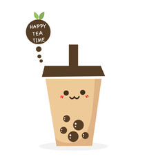 Bubble milk tea cup with cute face and hand written font icon sign on white background vector illustration. Cute cartoon character.