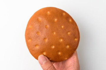 Bread with cream on white background