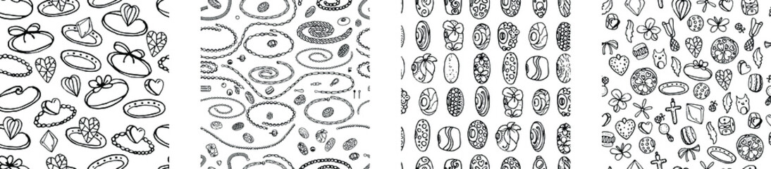 Seamless patterns with charms and beads for bracelet. Endless textures. Black and white.
