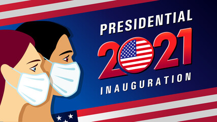 Presidential Inauguration USA, January 2021 with people in mask and flag. Creative lock down, social distancing US president inauguration banner. Isolated vector graphic design - obrazy, fototapety, plakaty