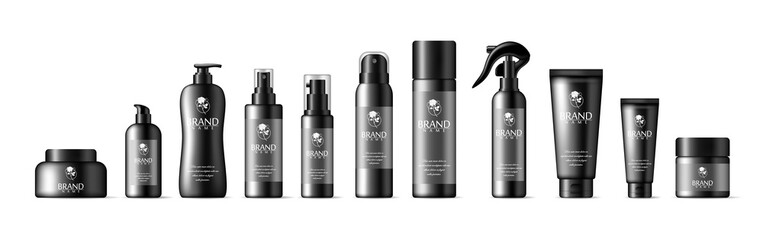 Cosmetic packaging mock up: jar, dropper, bottle with press pump, small and high bottles. 3d illustration of various cosmetic container