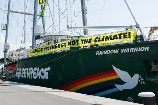 BURGAS, BULGARIA - JUNE 7, 2019: Greenpeace Rainbow Warrior sailing ship at the Port of Burgas, Bulgaria. Greenpeace is a non-governmental environmental organization with offices in over 39 countries