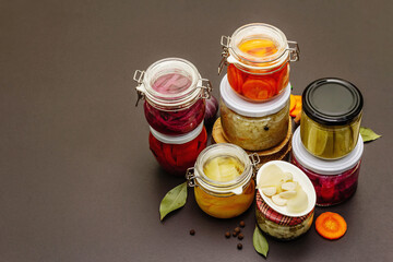 Assorted of fermented vegetables in glass jars