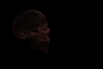 Metallic wireframe on a form of human skull. Side view. 3D rendering.
