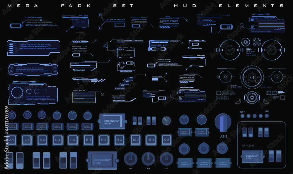 Poster hud elements set. techno-frames, callouts, information blocks, elements of robotics. cyber ​​techno 