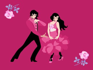 Charming young couple in love. Wedding invitation in pink colors. Tango, flamenco. Horizontal card.