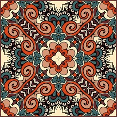 Ceramic tile with ethnic motifs. Square pattern with symmetric ornament. Decorative cushion, carpet, rug.