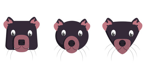 Set of cartoon tasmanian devils. Different shapes of animal faces.