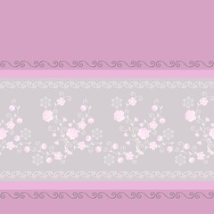 Seamless border with delicate floral ornament. Print for fabric, dress, curtains. Vector design with light pink flowers.