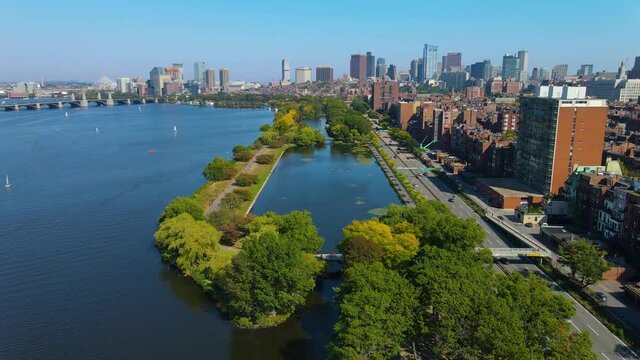 Charles River Esplanade and Storrow Lagoon aerial view on Charles River between City of Cambridge and Boston, Massachusetts MA, USA. 