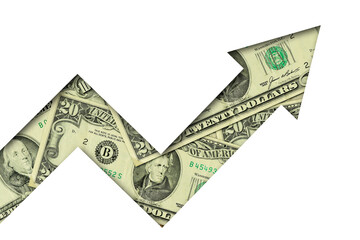 Upward arrow made of dollar banknotes on white background - Concept of growing and upward trend of...