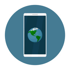 Earth symbol on mobile phone screen. Vector illustration.