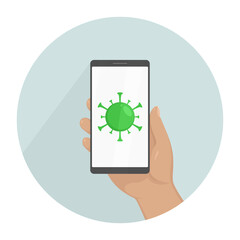 Smartphone with virus symbol on screen. Vector illustration.