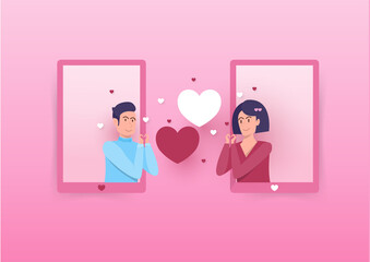 Man and woman Heart sign  hands togrther on mobile.   Valentines day. Vector flat illustration. Banner