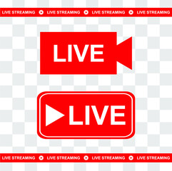 Set of live streaming icons. Set of video broadcasting and live streaming icon. Button, red symbols for TV, news, movies, shows - stock vector