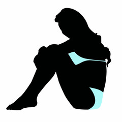 Black silhouette of a girl in a sitting position close-up on a white background. Vector graphics.