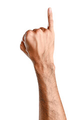 Male caucasian hand showing little finger  sign isolated on white background.