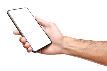 Male caucasian hand holding phone isolated on white background.