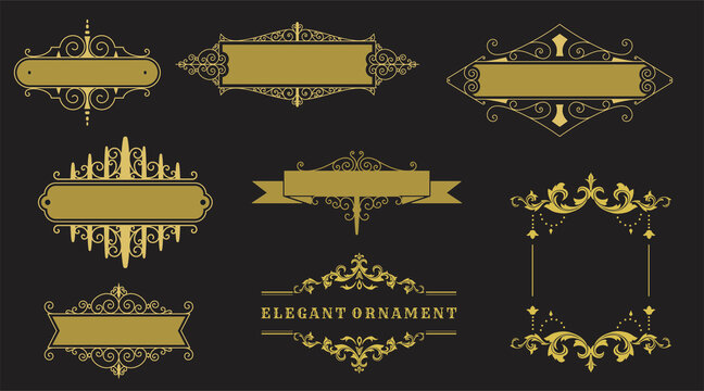 Vintage typographic design elements set vector illustration. Labels and badges, retro ribbons, luxury ornate logo symbols, calligraphic swirls, flourishes ornament vignettes and other.