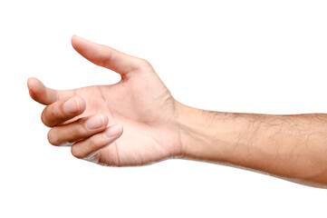 isolated of male caucasian hand holding something like a bottle or can.