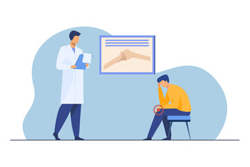 Male patient consulting doctor about joint pain. Young man, knee trauma, arthritis flat vector illustration. Examination, treatment, medical help concept for banner, website design or landing web page - obrazy, fototapety, plakaty