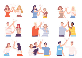 Collection of Happy People Giving High Five, Cheerful Men and Women Greeting Each Other, Celebrating Success Cartoon Style Vector Illustration