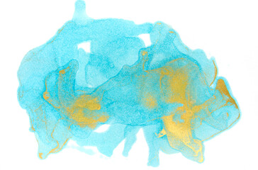 Blue watercolor figure with gold layers on white background. Abstract art illustration.