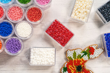 Colorful glass beads. Variety of shapes and colors to make a bead necklace or a string of beads for women