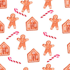 Watercolor hand painted winter holiday sweet seamless pattern with beige gingerbread man and house isolated on white background for New Year print