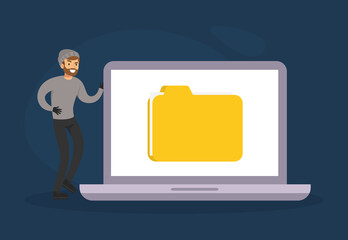 Burglar Hacking Computer and Stealing Personal Information from Laptop Computer, Lawless Criminal Scene Flat Vector Illustration