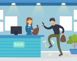 Bandit Theft Thief Threatening Weapon to Female Manager Robbing Bank, Bank Robbery Criminal Scene Flat Vector Illustration - obrazy, fototapety, plakaty