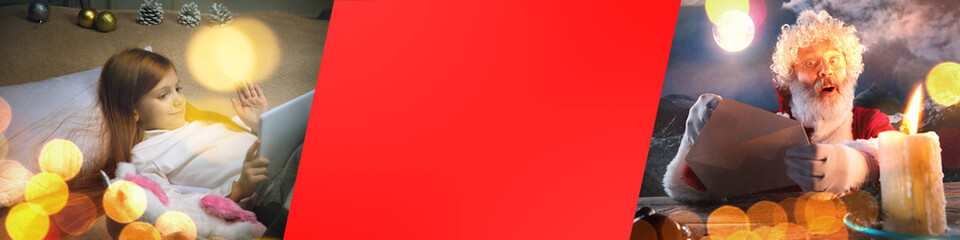 Gifts. Happy caucasian little girl during video call with Santa Claus on the laptop's screen and home devices, looks dreamful. Celebration or ad flyer with copyspace. New 2021 Year meeting.