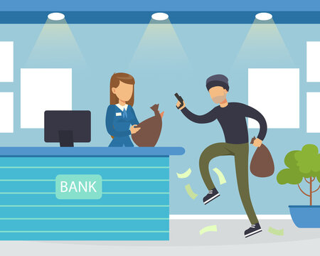 Bandit Theft Thief Threatening Weapon to Female Manager Robbing Bank, Bank Robbery Criminal Scene Flat Vector Illustration