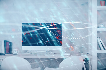 Multi exposure of stock market chart drawing and office interior background. Concept of financial analysis.