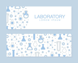 Laboratory Banner Template, Pharmacy, Chemistry, Science, Medicine Poster, Flyer Design with Lab Equipment Seamless Pattern Vector Illustration