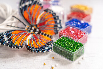 Colorful glass beads. Variety of shapes and colors to make a bead necklace or a string of beads for women