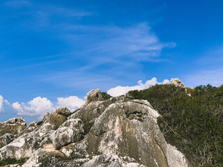 Huge sea stones, rocky coastline and green bushes, blue sky background