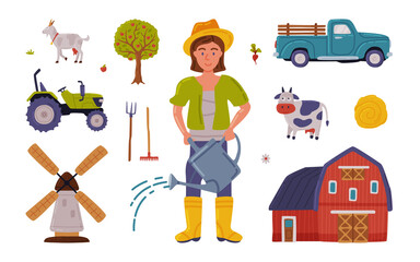 Female Farmer and Agricultural Objects Collection, Farmhouse, Mill, Tractor, Gardening Tools, Agriculture and Farming Concept Cartoon Style Vector Illustration